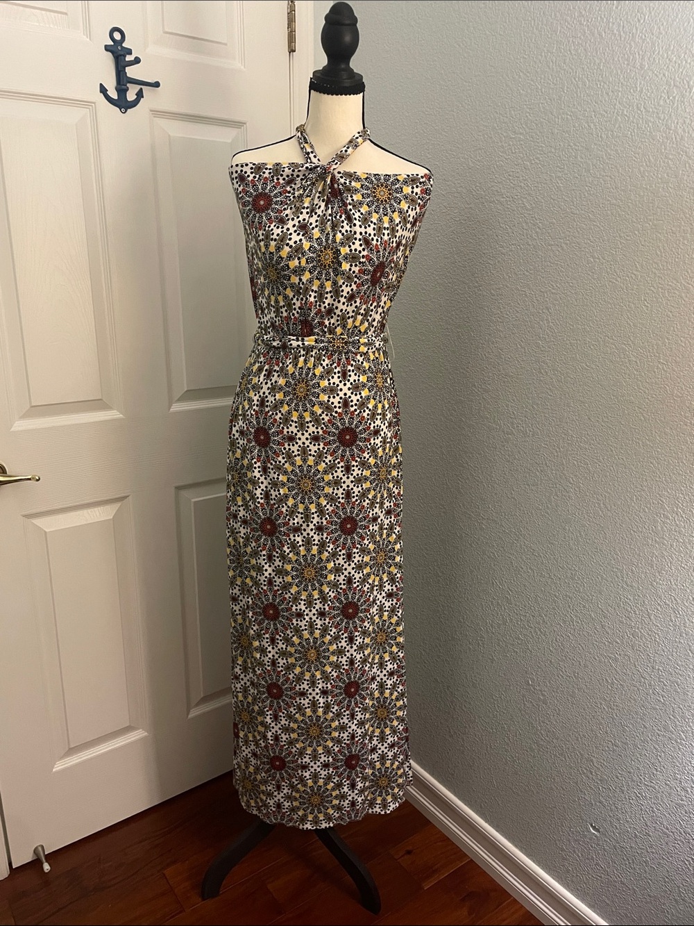 Loft Floral Print Maxi Beach Dress in White with Red & Yellow Accents